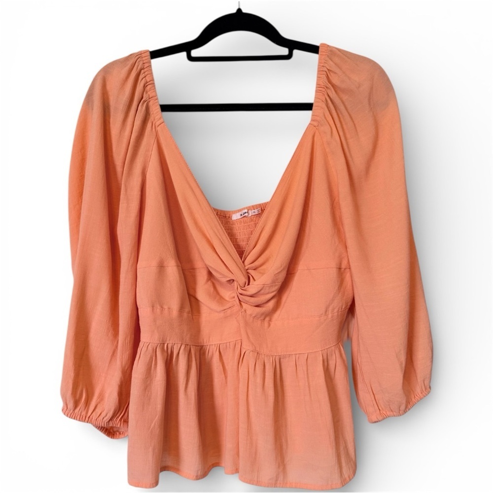 Mi Ami Peach Peplum Blouse XL Puff Sleeve V-Neck Smocked Back Flowy Top